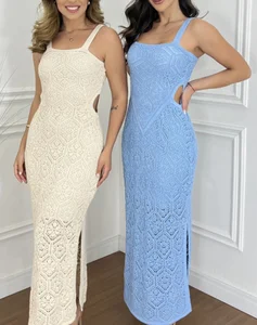 STOCK 4Colors Knitted Women Dress Cut Out Beach Maxi Dress Slit Crochet Beachwear Cover up S-XL