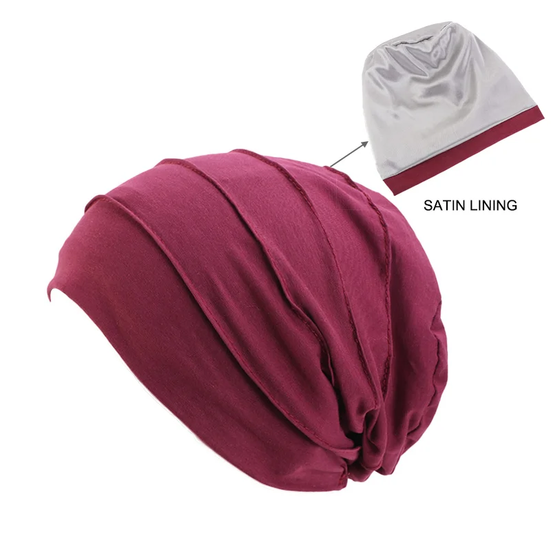 Women Soft Satin Lining India Hat Stretch Sleep Cap Muslim Ruffle Cancer  Chemo Hat Beanie Scarf Turban Head Wrap Cap