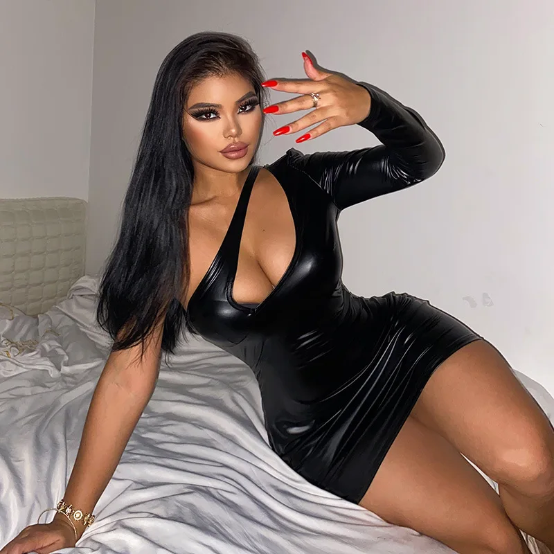 women in tight leather dresses Tight-fitting Sleeveless Sexy Pu Patent Leather Bodycon Mini Dress by Blue Zone Planet
