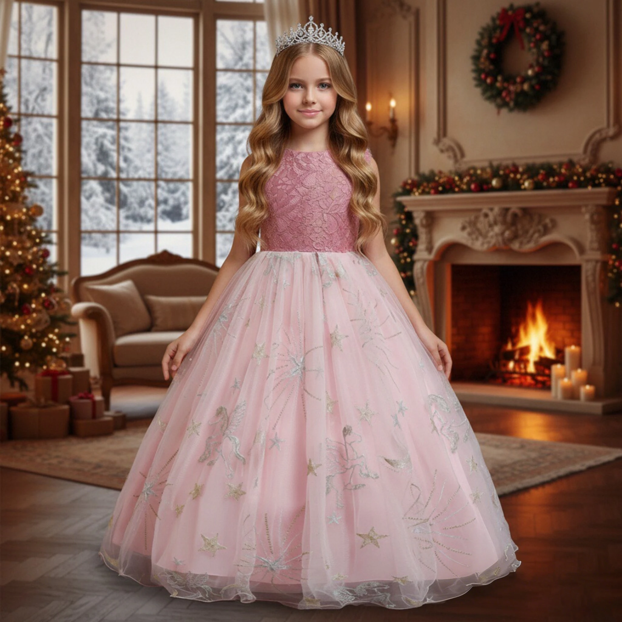 European Style Elegant Long Dresses for Girls of 10 Year Old Red Girl Evening Party Dresses Star Pattern Kids Girl Dress European Style Elegant Long Dresses for Girls of 10 Year Old Red Girl Evening Party Dresses Star Pattern Kids Girl Dress