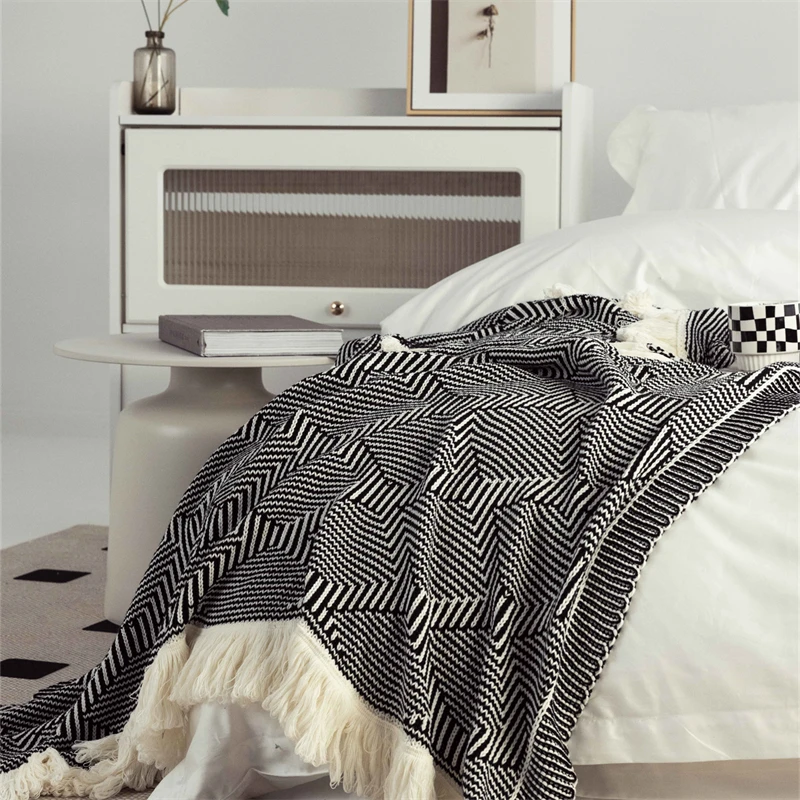 AED New Design Cotton Nordic Acrylic Geometric Knitted Throw Blanket Home Decor with tassel details