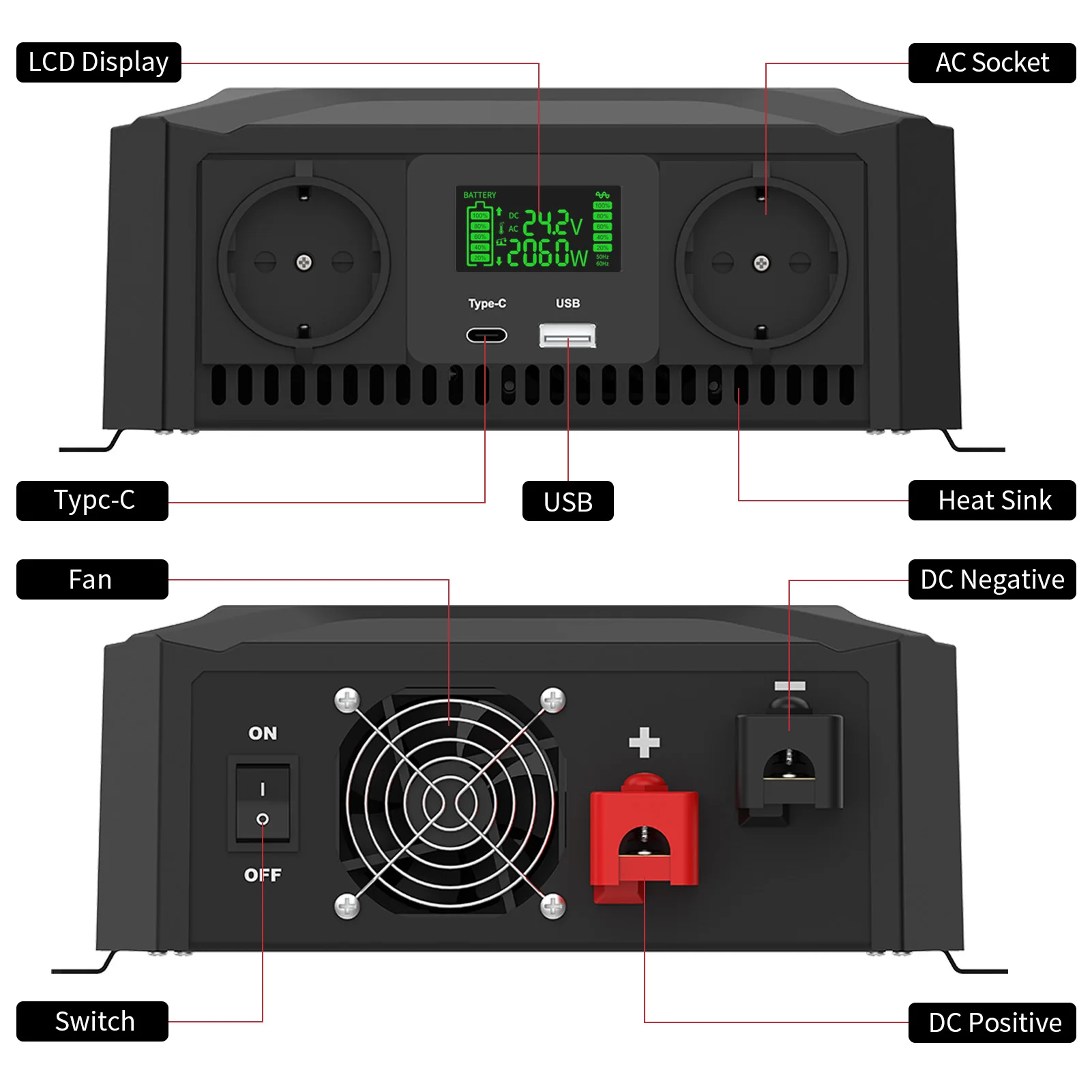 DATOUBOSS Intelligenter 12V-auf-230V-Sinus-Wechselrichter mit 2000W Leistung, 2 EU-Steckdosen, USB-C-Anschluss und 1A-USB-Anschluss_voghion.com