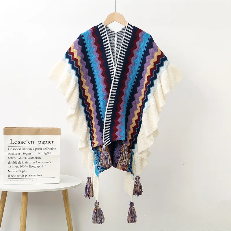 Hiwil Women's Bohemian Reversible Poncho - Long Faux Cashmere Shawl With Tassels (51"x59")