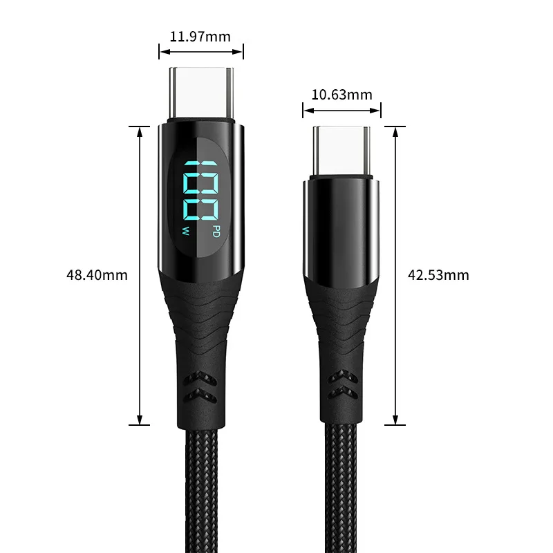 PD 100W 66W Nylon Braided USB-Type C LED Display Charger Data Cable 5A Fast Charging PVC Jacket USB C Phone Fast Charging Cable