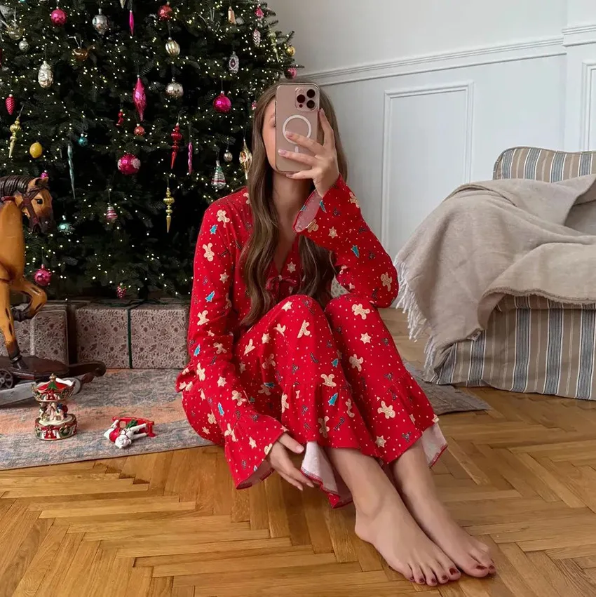 Christmas Print Pajama Set Soft Polyester Spandex Lace-Up Long Sleeve Shirt Wide Leg Pants Casual Lounge Sleepwear — detail