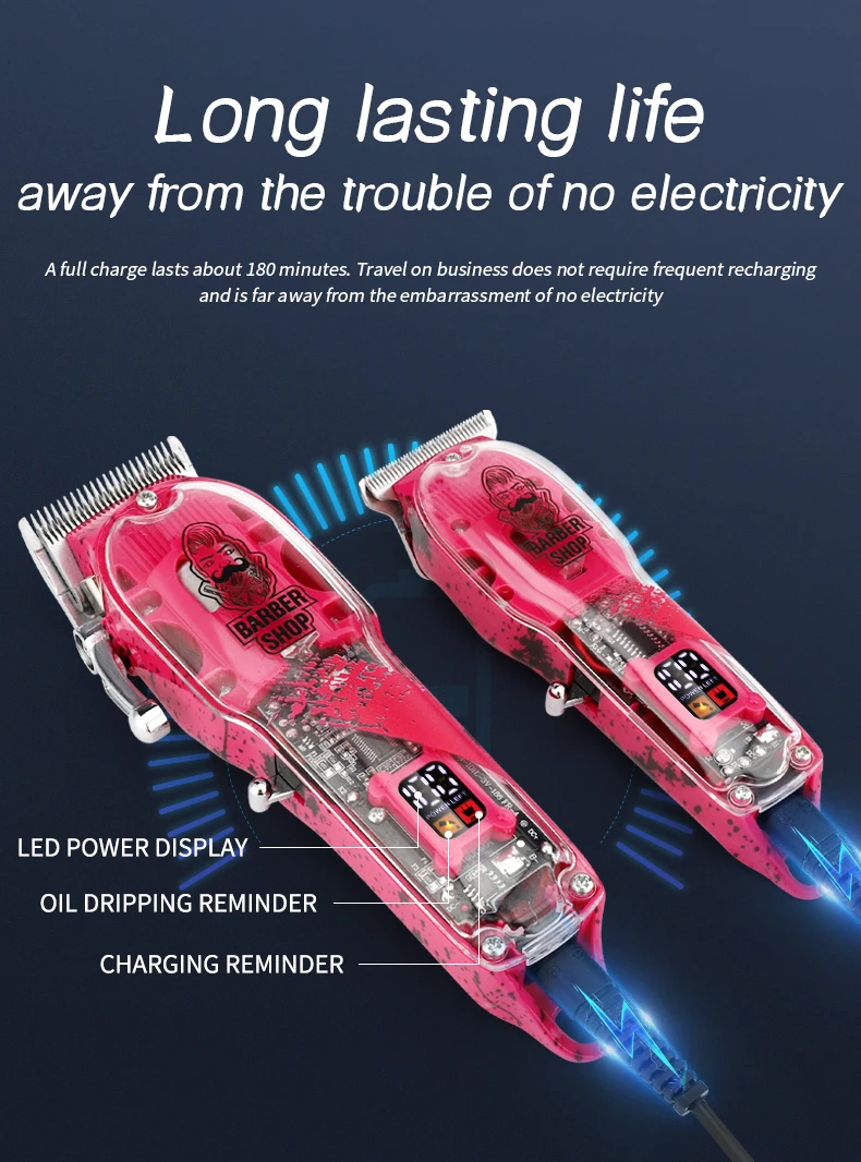 Professional Transparent Electric Clipper Cordless Barber Cutting Machine Set Clipper Hair