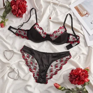 2026 BOON New Arrival: Mesh Rose Embroidered Push-Up Bra with Transparent Seamless Thong - Sexy Lingerie Set
