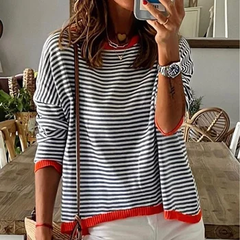 2024 New Arrival Fashionable Drop-Shoulder Long Sleeve Knitted Sweater Striped Contrast Colors Autumn Season Top with Front Logo