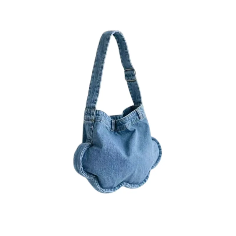 Korean Custom Cute Flower Shaped Washed Denim Mobile Phone Shoulder Bag Leisure College Student Class Travel Shopping Handbag