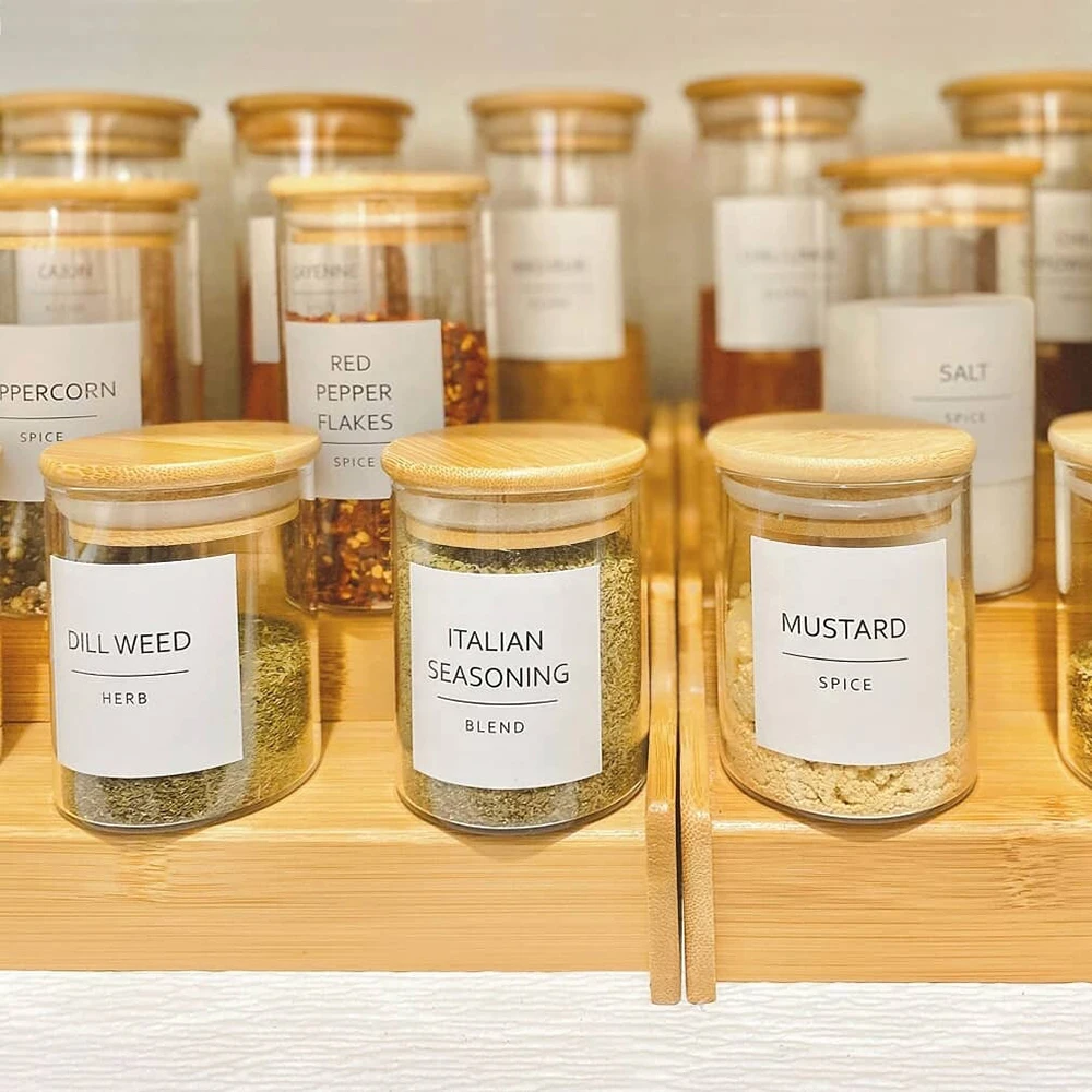 Custom Minimalist Spice Jar Labels Preprinted Spice Stickers Fits Round Bamboo Jars or Rectangular Spice Jars Waterproof Label