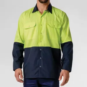 Custom Logo Hi Vis  Polyester Cotton Two Tones Work Shirt Work Out Farm Security Industry Reflective Safety Uniform Work Wear