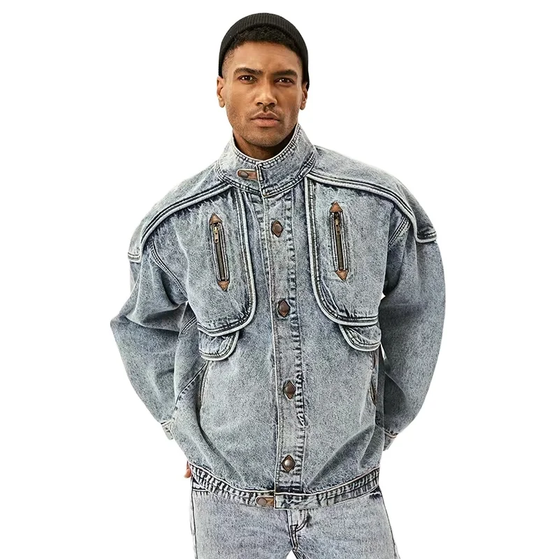 DiZNEW Vintage wash jacket Y2K button-down jeans jacket Plus-size high Street Bomber denim jacket for men