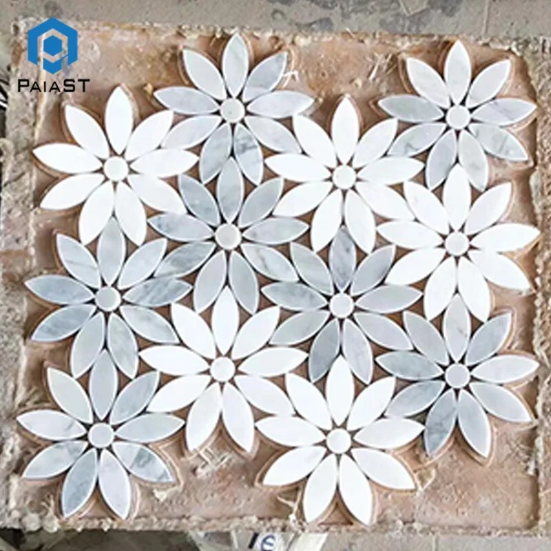 Kitchen Backsplash Water Jet Carrara White Marble Mosaic,Flower Pattern Marble Mosaic Medallion
