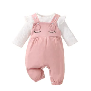 2023 Newborn Infant Girls Clothes Long Sleeve Ruffle Romper Eyelash Overalls Set Spring Autumn Cute 2 Pcs Baby Outfits