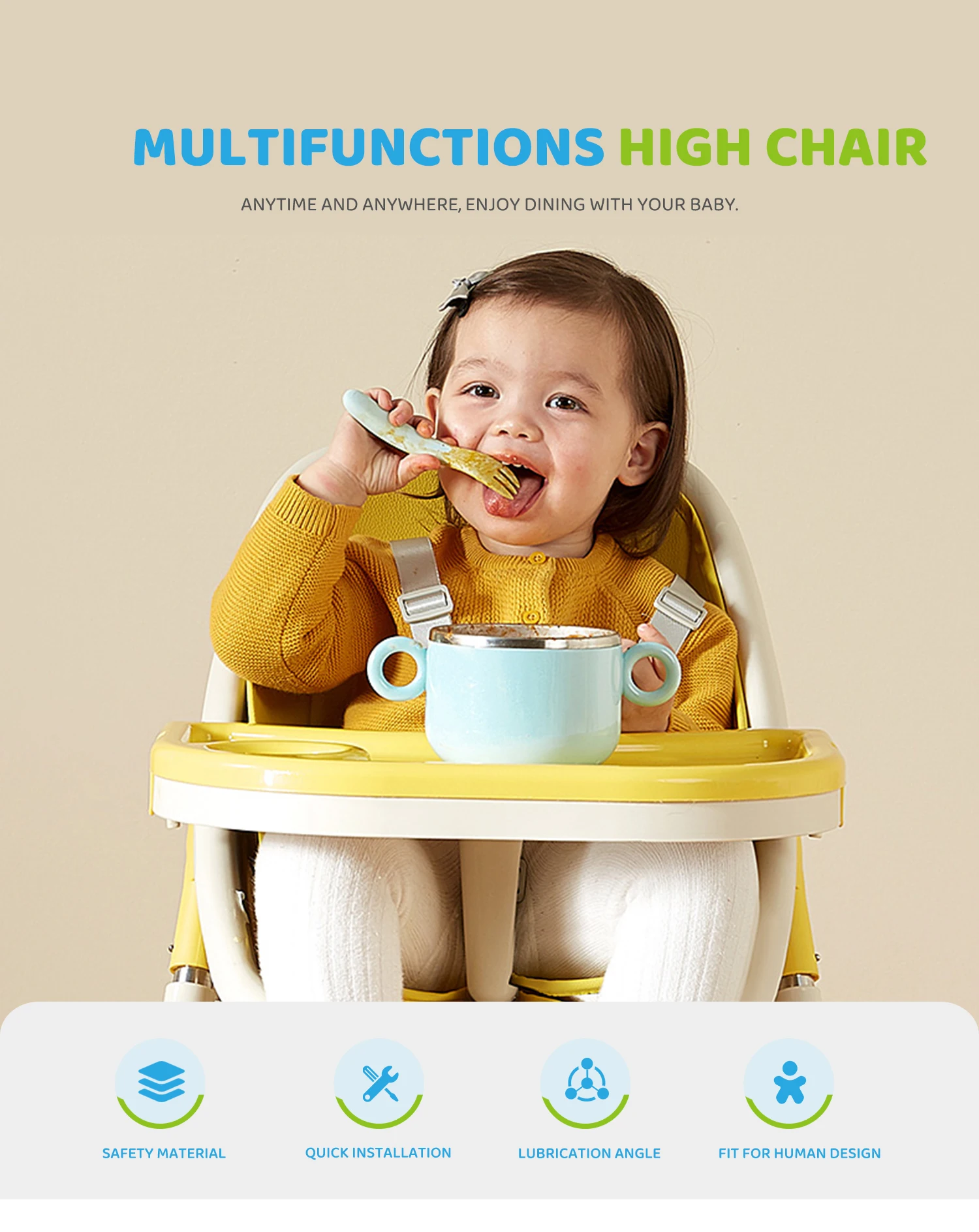 Double Tray Design Baby Child Food Dining High Chair Table With