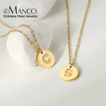 eManco high grade coin zircon alphabet pendant initial necklaces chain stainless steel women jewelry