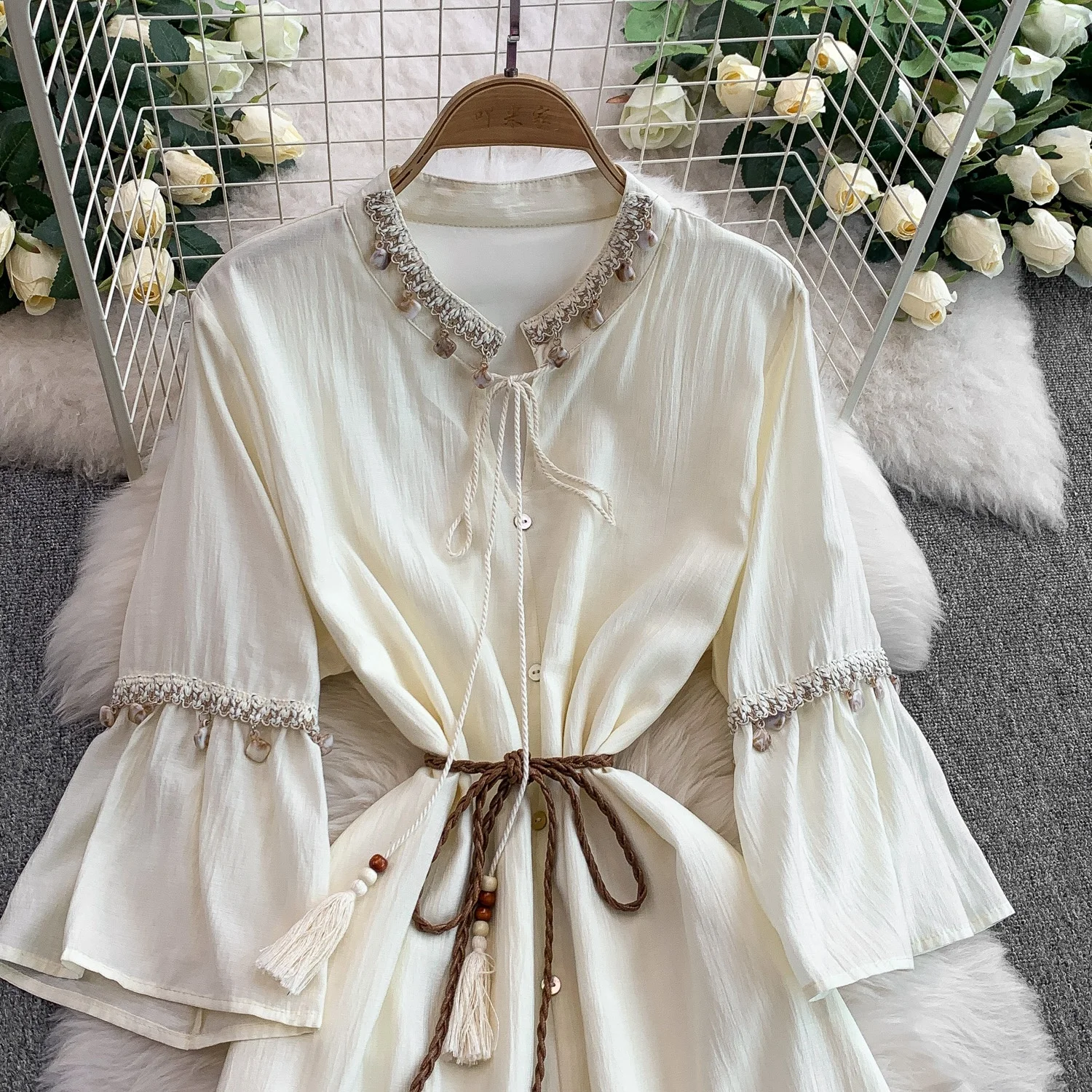 Retro Lace-up Woven Tassel Stand-up Collar Bell Sleeve Women's New A-line  Dress