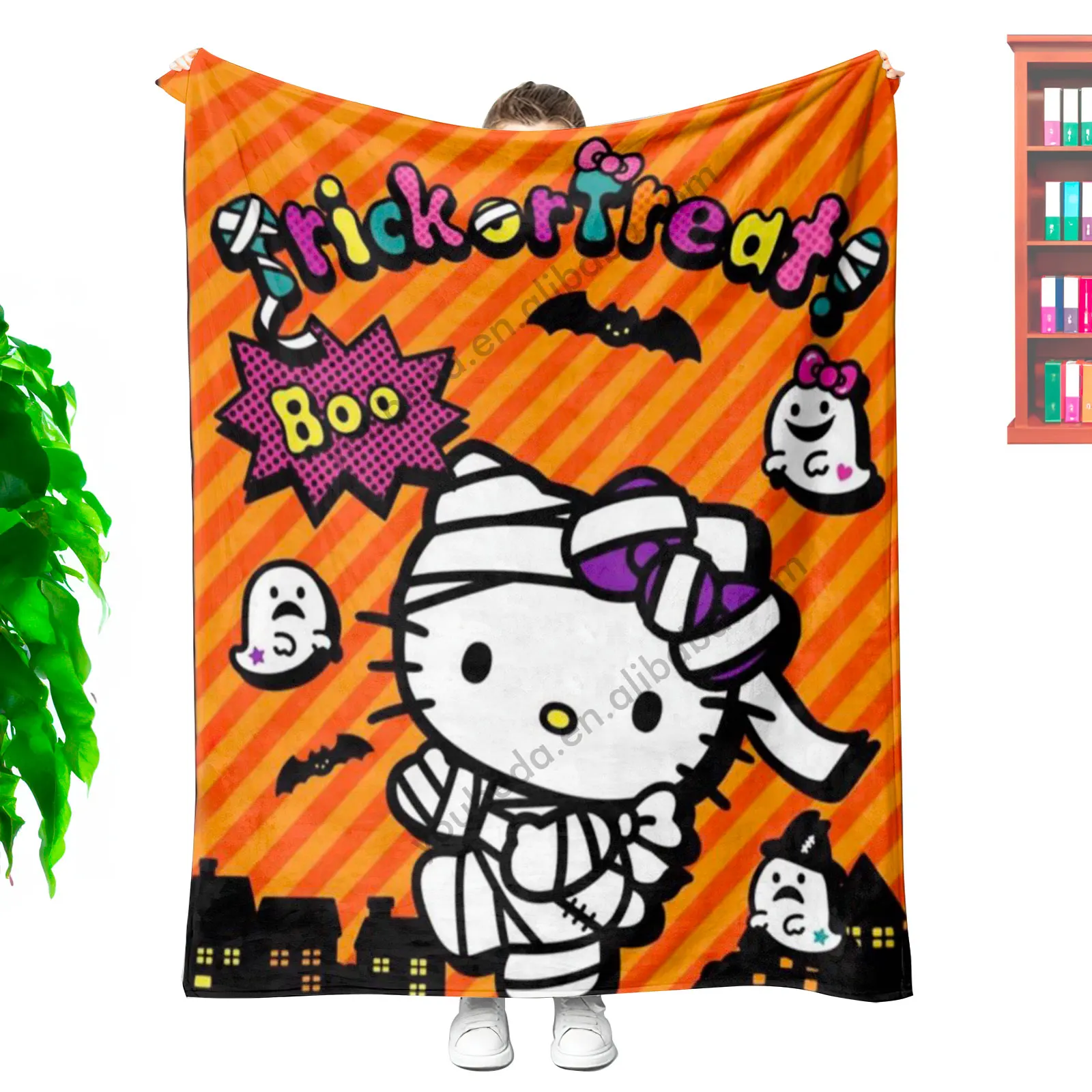 Minimum Cost Wholesale Custom Printed Designer Senrio Kids Cartoon HK Kitty Cat Character Halloween Soft Plush Throw Blanket