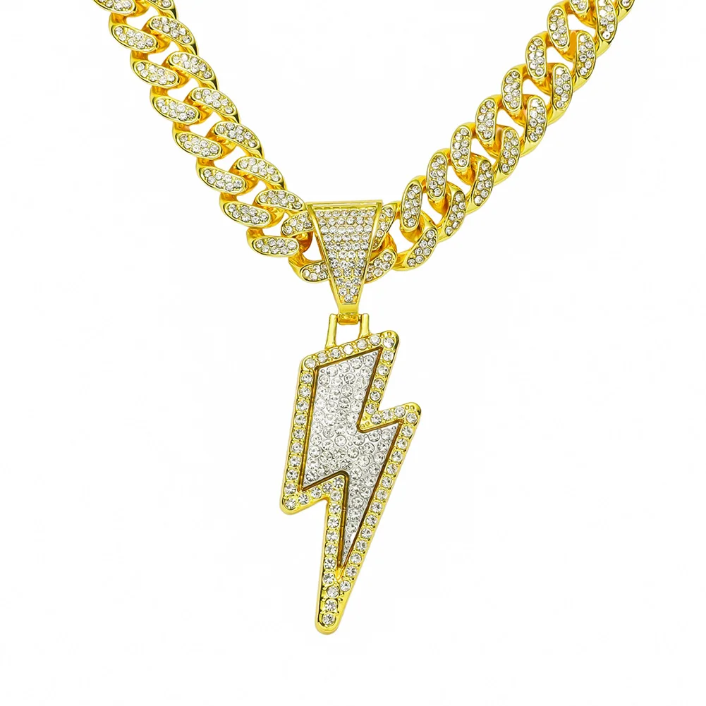 Colar cheio de diamante de liga de metal, colar masculino com pingente iluminação de hip hop
