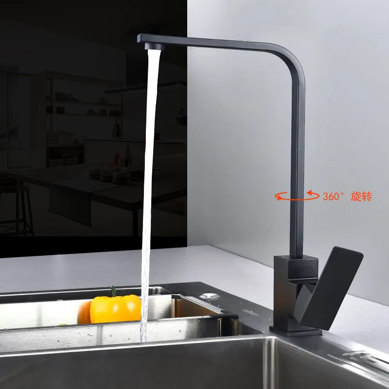 Factory Direct Black Square Kitchen Mixer Faucet Single-Handle Sink Tap for Hot & Cold Water Single-Hole Installation for Hotels