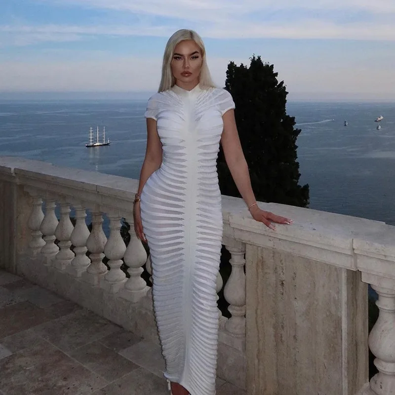 W23D34607 Summer Women Knitted Maxi Dress Hipster Striped Ruched Short  Sleeve Sheer Body-shaping Slim Dress