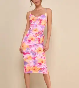 Women's Elegant Pink Floral Midi Evening Dresses ODM Cute Waist Cutout Sleeveless Slim Casual Design