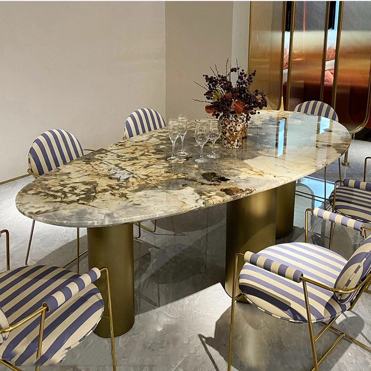 High End Stainless Steel Base Oval Shaped Dining Table Elegant Luxury  Designs Marble Dining Tables