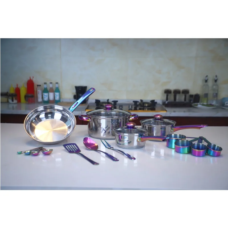 18pcs Stainless Steel Cookware with Color Rainbow Casserole Saucepan Set