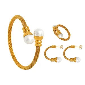 Wholesale Set Stainless Steel Fashion Jewelry for Women Waterproof Hypoallergenic Elastic Bracelets Earrings Pearl for Parties