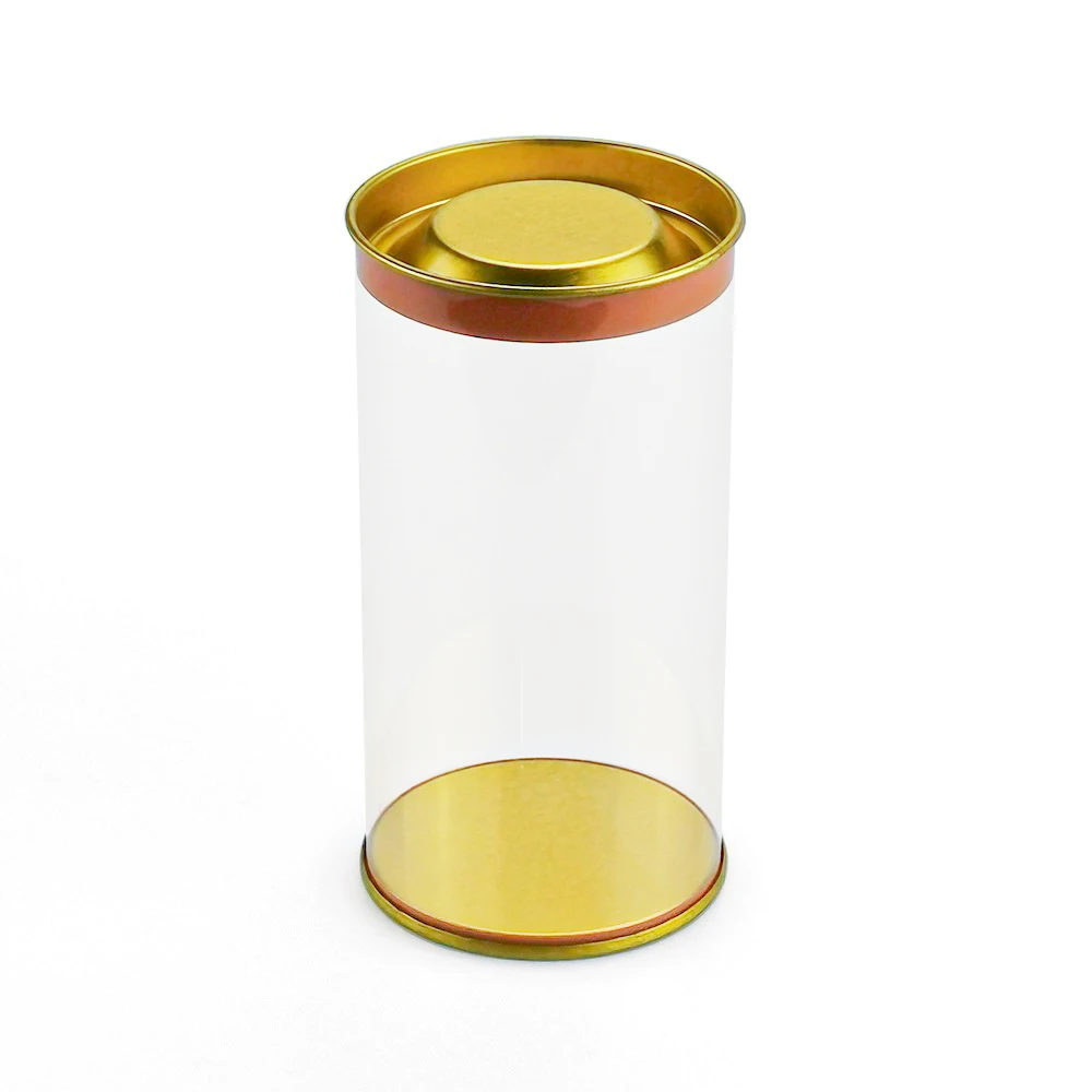 Transparent PVC PET RPET PP Plastic Round Tube Cylinder Packaging Box with Metal Lid