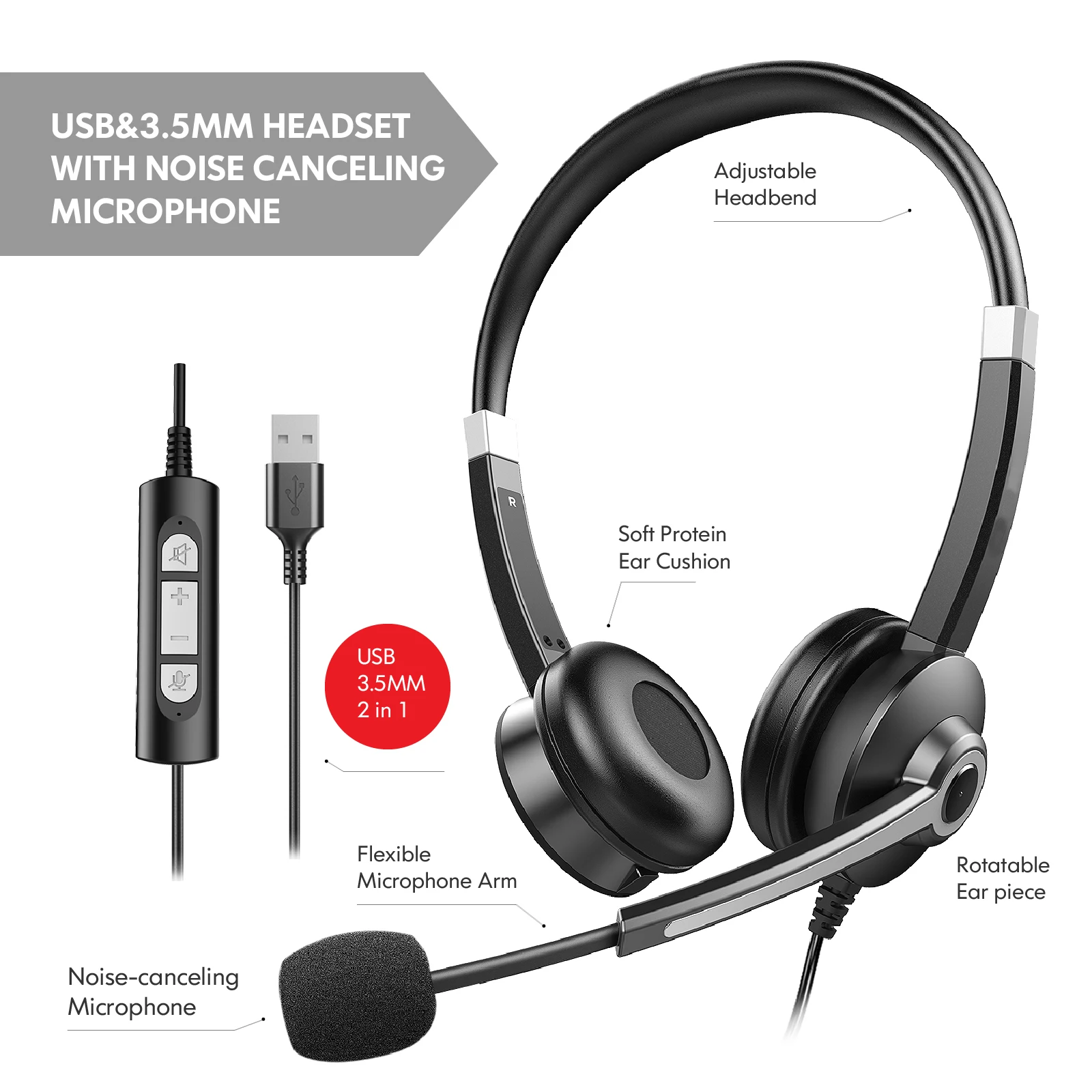 USB Wired Headphones Noise Cancelling Microphone