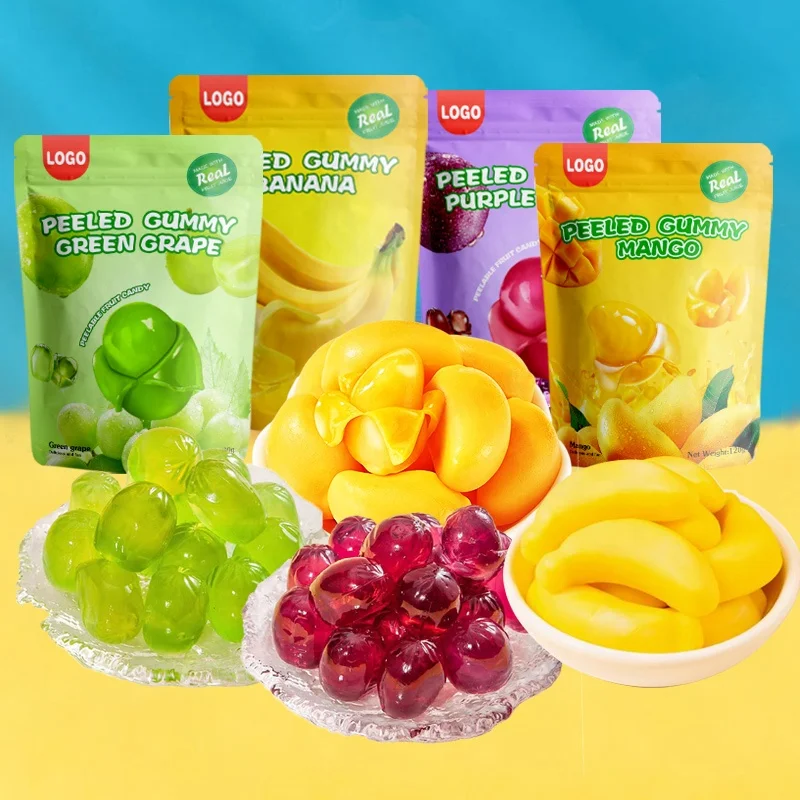 Bulk 4D Peeled Peach Grape Mango Fruit Shape Jelly Gummy Candy Filled Fruit Jam Peeled Gummy Jelly Candy