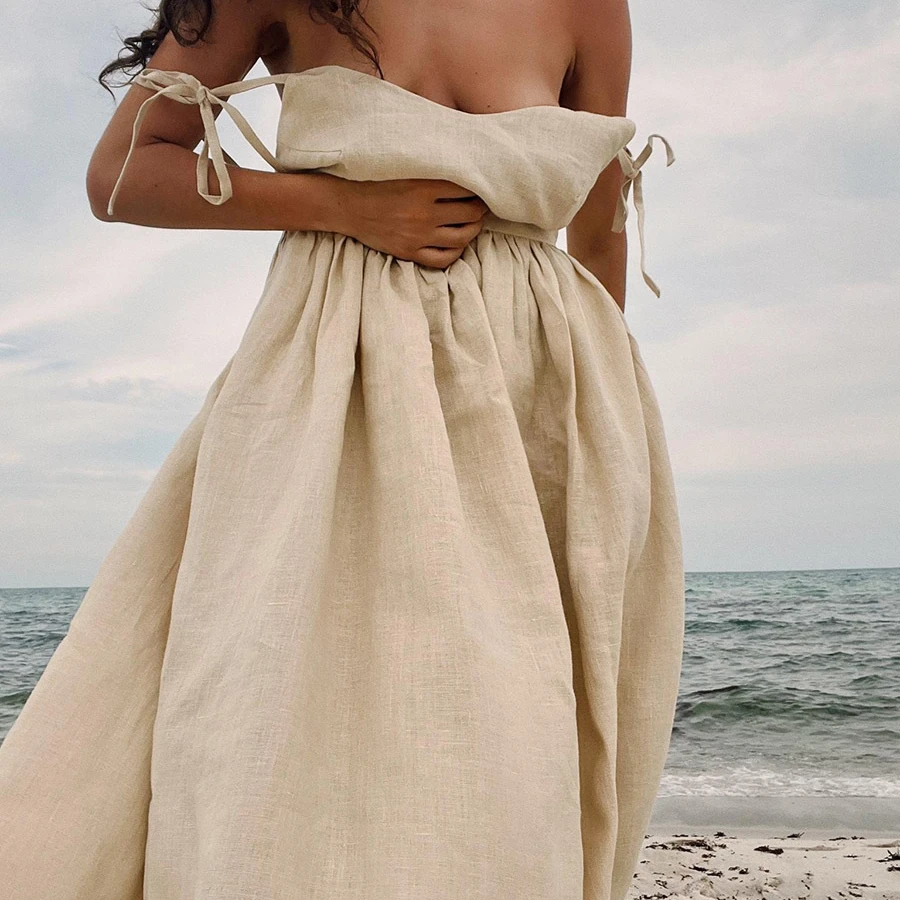 Enyami Summer Boheme Resort Vacation Chic 100% Cotton Sexy V-neck Sleeveless Linen Texture Casual Slip Dresses Women