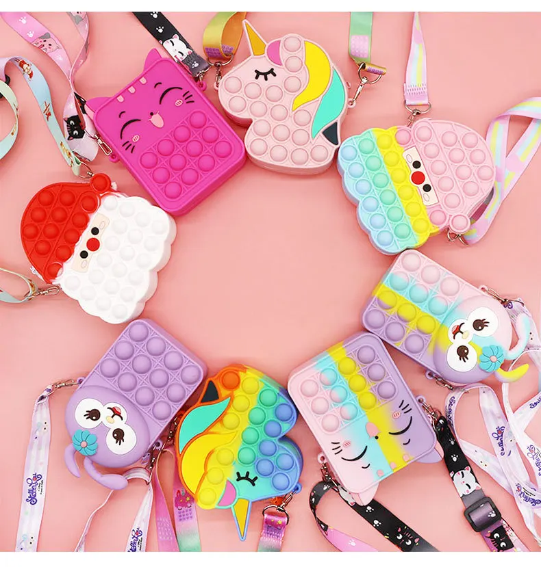 Мультяшный детский сенсорный кошелек AA098, сумка-мессенджер для снятия стресса, пузырьковая миниатюрная силиконовая Радужная Сумка-антистресс с единорогом