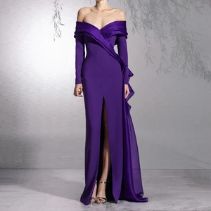ZYHT 73470 Custom Made Purple Off-Shoulder Long Sleeve Satin Split Maxi Ruffles Chic Ladies Formal Evening Gown Dress Elegant