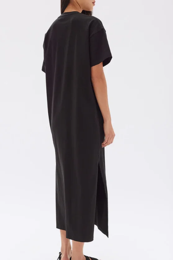 Women's Black Midi Dress Short Sleeve 100% Cotton Jersey T-Shirt with  Embroidered Technics Casual Style for Summer| Alibaba.com