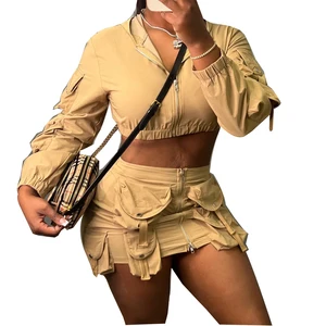 Custom Color High Quality Zipper Closure Sets Summer Women Clothes Stretchy Crop Hoodie and Mini Skirt Set