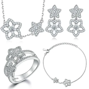 New Fashion Jewelry 925 Sterling Silver Bracelet Star Shape Pendant Necklace S925 Cubic Zircon Woman Ring Stud Earring Set