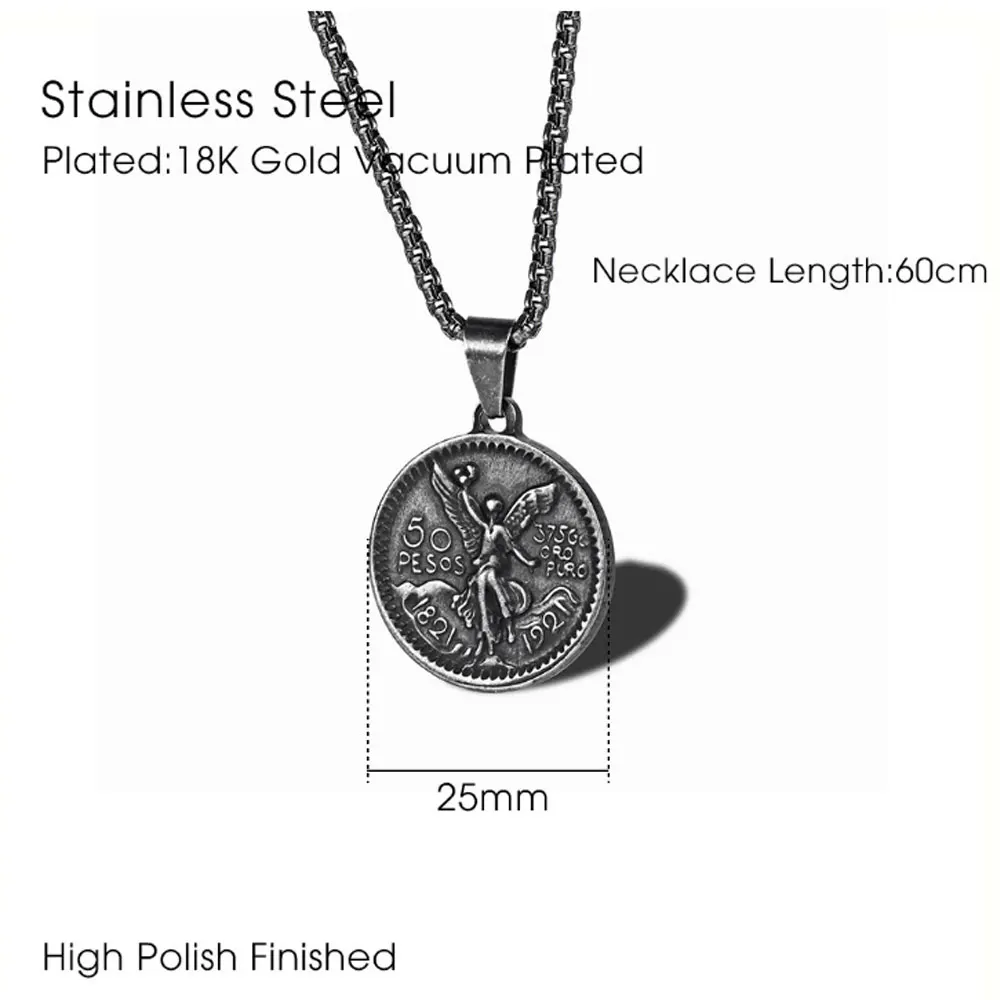 卸売ステンレス製メキシコ18金メッキコイン50ペソペンダントネックレスジュエリーサプライヤー