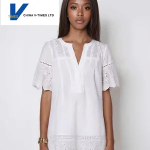 French White Summer Dress - Cotton Embroidered Lace V-Neck Boho Relaxed Fit Dress