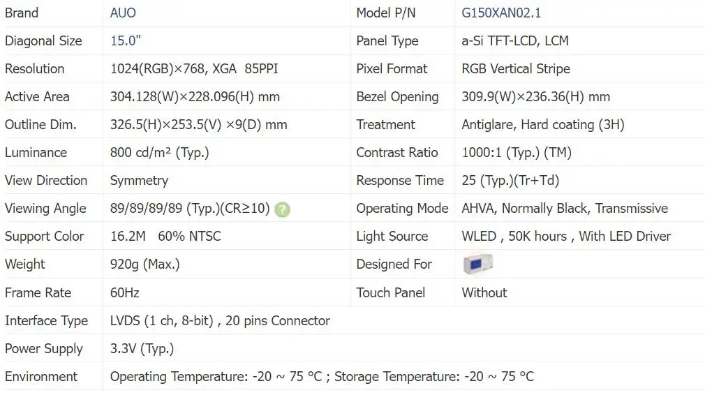 G150XAN02.1 High Brightness lcd monitor 15 Inch 1024x768 XGA AUO TFT LCD Panel IPS LCD Display For Outdoor 800cd/m2 manufacture