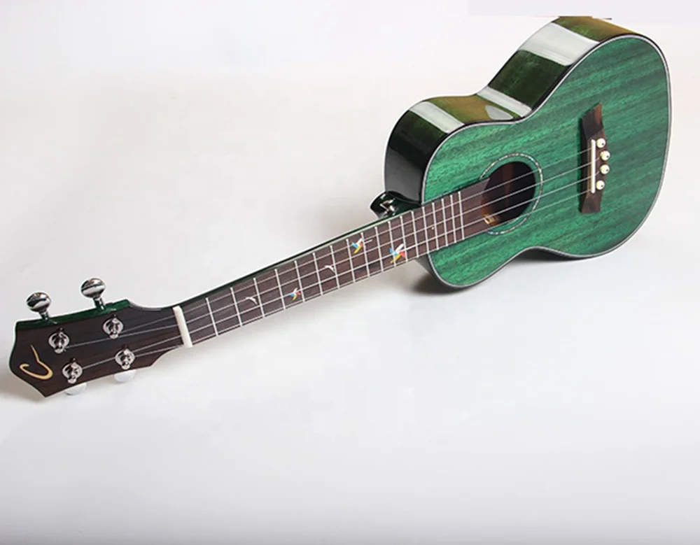 China Guitar Factory Custom Musical Instruments Concert 23 Inch Mahogany Body Green Ukulele High Gloss With Colorful Stone Inlay