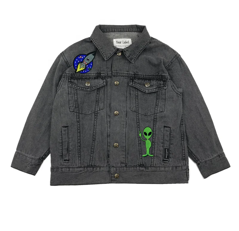 Custom Acid Washed Distressed Dinosaur Tiger Spaceship Astronaut Alien Patchwork Denim Jacket for Kids