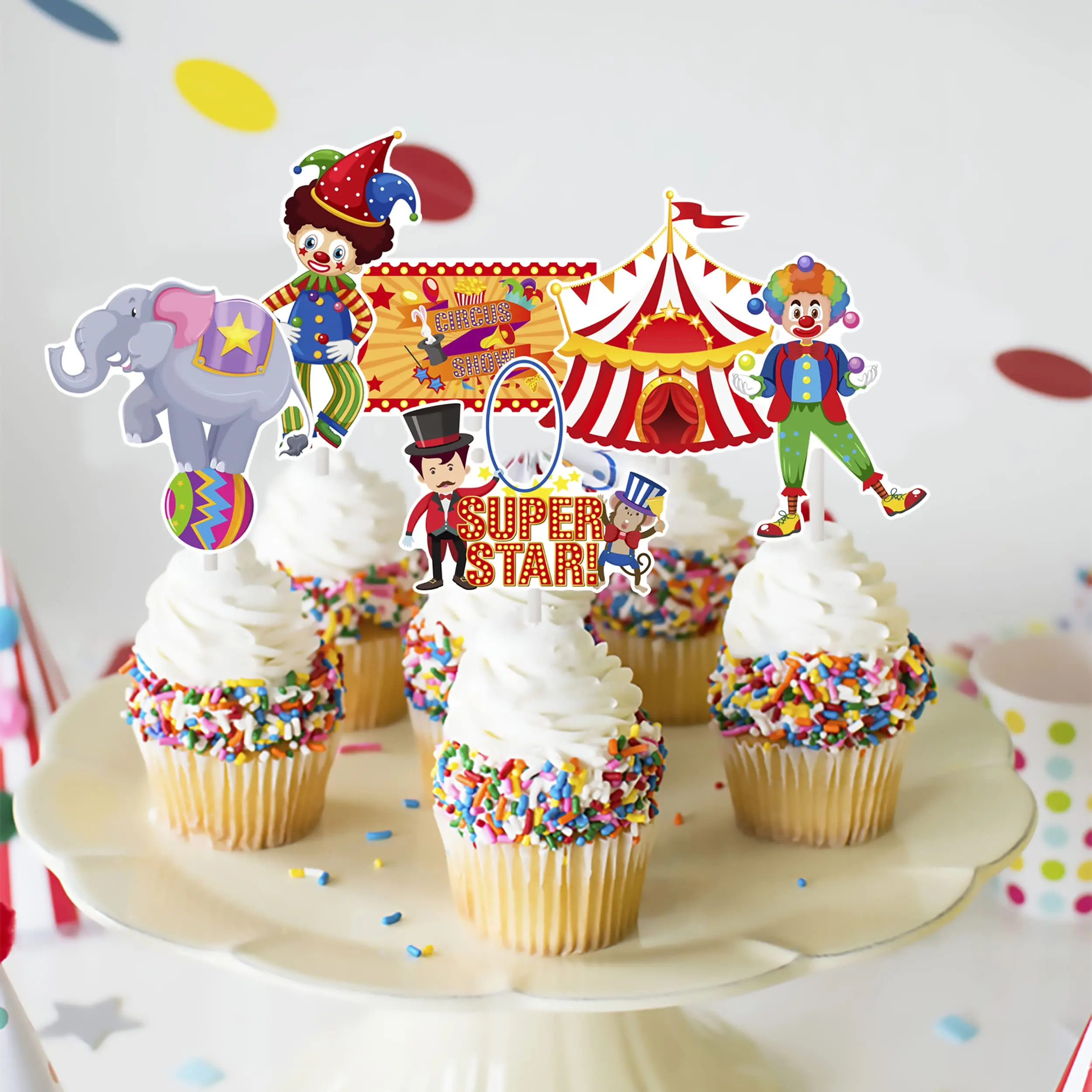 Circus Carnival Cupcake Toppers - 36 Pieces, 18 Designs - Triangle Party Decorations For Birthday & Themed Events