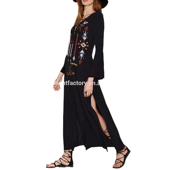 Mexico style dress ladies long sleeve muslim black dresses V neck ethnic embroidery garment STb-0349