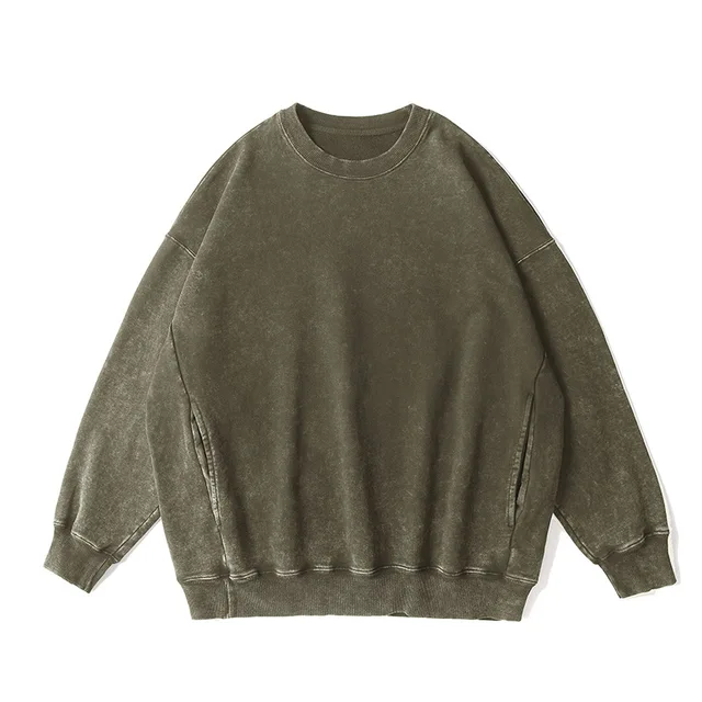 Vintage 350gsm Neck Round Oversize Side Pocket Plus Size Drop Shoulder Pure Cotton Washed Batik Long Sleeve Terry Sweatshirt