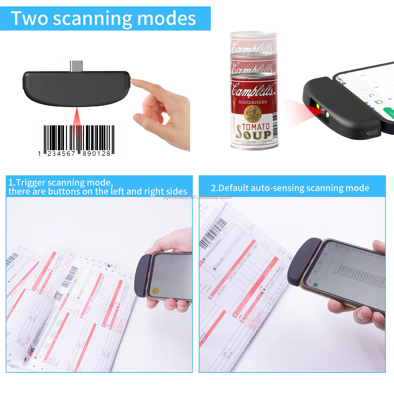 Symcode MJ-4090 2D Barcode Scanner Phone Mate 2D Scanning Self Sensing Type-C Interface