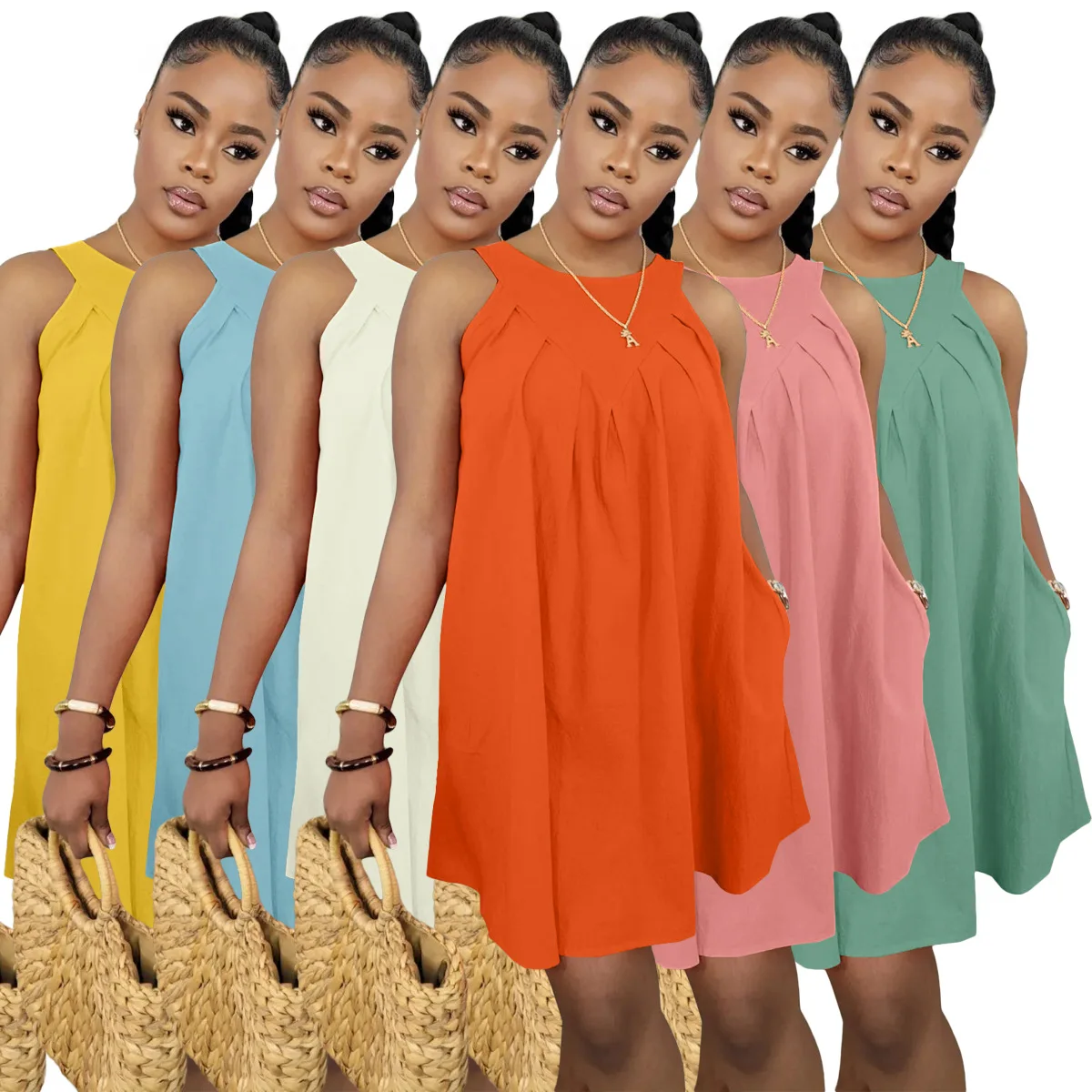 Q4524 Casual Women Halter Streetwear Women Dress Vacation Solid Color Tank  With Pockets Loose Dress| Alibaba.com