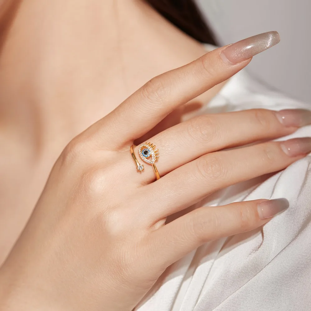 KAKODIY Exquisite Blue Turkish Evil Eye Cubic Zirconia Ring 925 Sterling Silver 18K Gold Plated Adjustable Statement Zircon Evil Eye Ring for Women detail 2