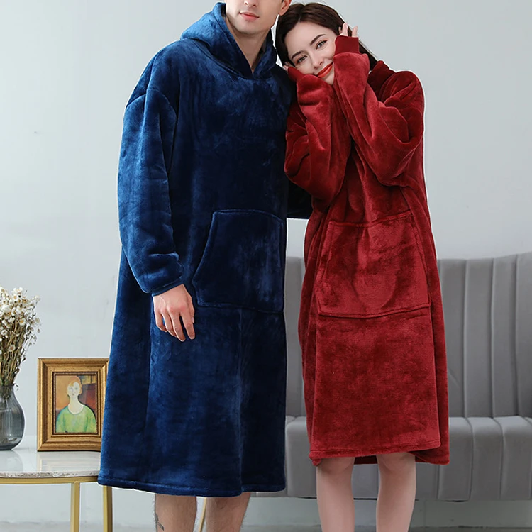 Amazon Supplier Women Hoodie Robe TV Blanket Plus Size Custom Long Men Sleepwear Bath Robe Nightgown